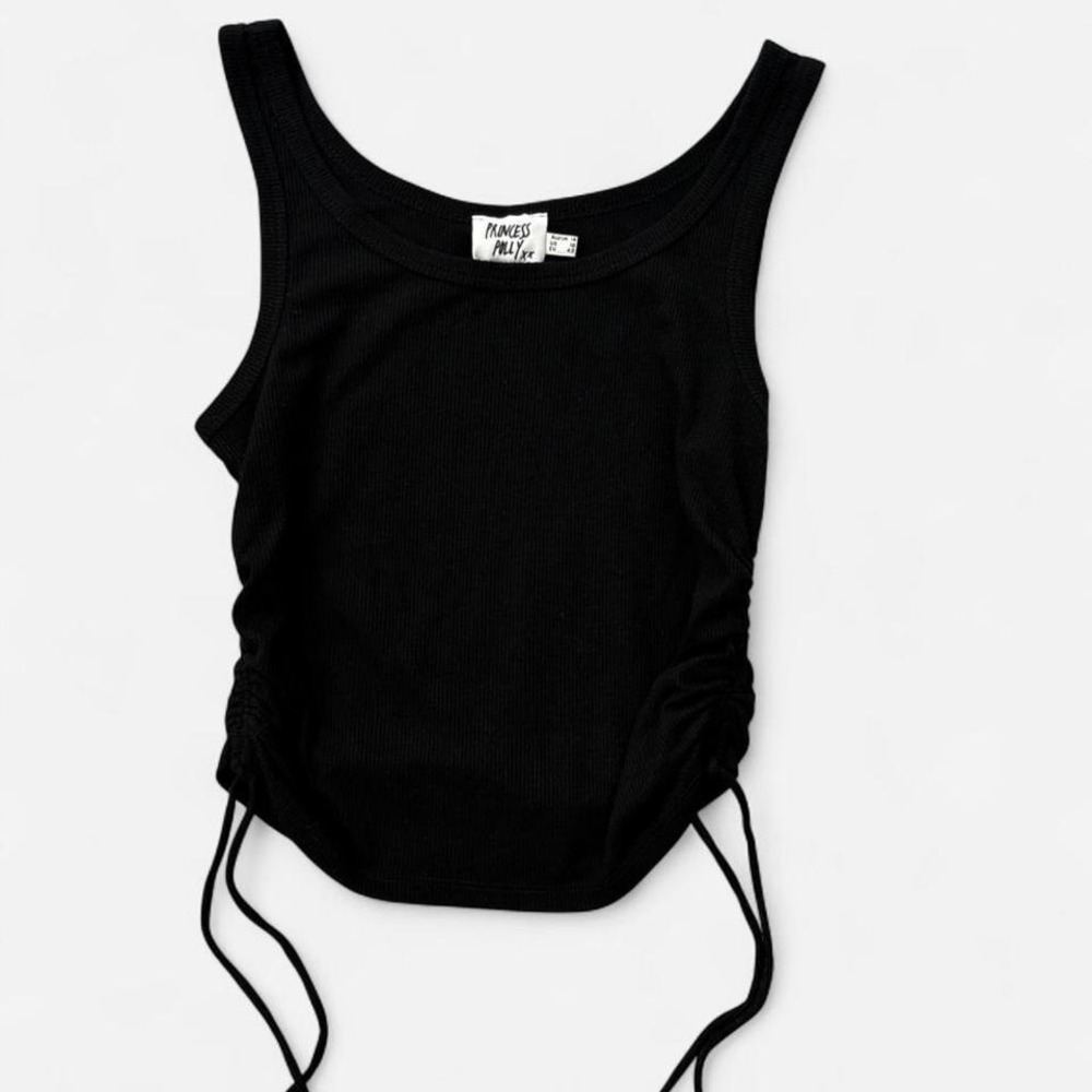 Princess Polly black tank top with tie detail ruching Size10   0080